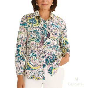 Talbots Womens Button Top Blouse Paisley Multicolor Long Sleeve Petite Size MP